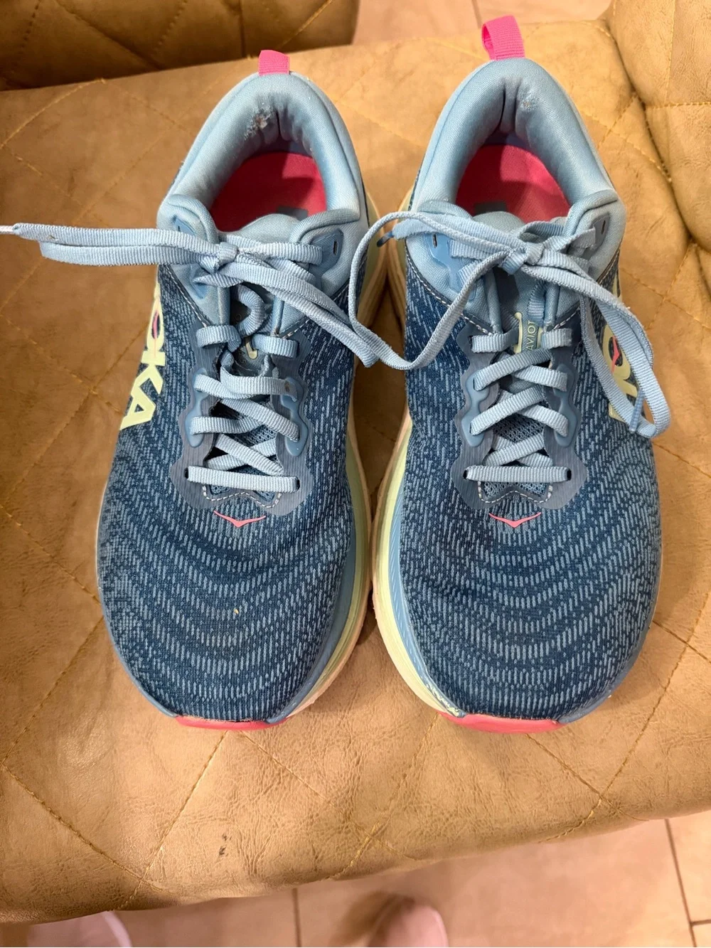 Hoka Women's Light Blue Knit Running Sneakers with Pink Heel Loop
